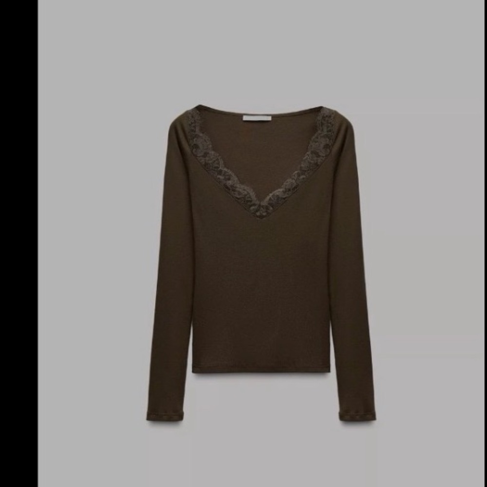 Lace Rib Long-Sleeve Top - Dark Khaki - M